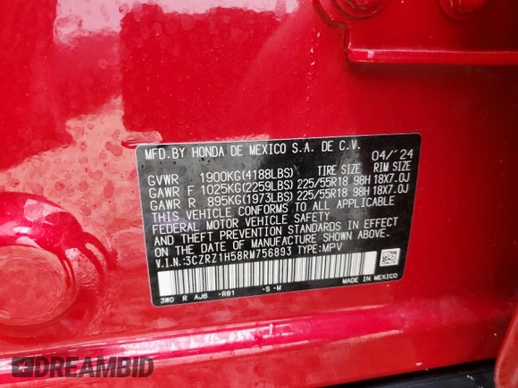 2024 Honda HR-V Sport with VIN 3CZRZ1H58RM756893, listed as a Copart auction lot 44939995 with 7,088 mi miles and Salvage Title. Bid and sale history available at DreamBid. Image 14.
