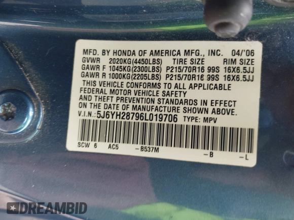 2006 Honda Element EX-P with VIN 5J6YH28796L019706, listed as a IAAI auction lot 42062949 with 191,027 mi miles and . Bid and sale history available at DreamBid. Image 9.