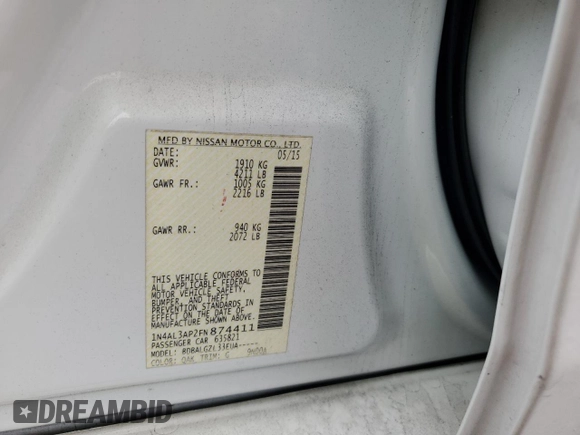 2015 Nissan Altima 2.5 with VIN 1N4AL3AP2FN874411, listed as a Copart auction lot 63219625 with 178,391 mi miles and Salvage title. Bid and sale history available at DreamBid. Image 12.