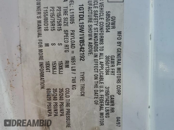 1997 GMC Safari Cargo with VIN 1GTDL19W1VB542192, listed as a Copart auction lot 86278354 with Not Provided miles and Non Repairable. Bid and sale history available at carsss.com. Image 12.