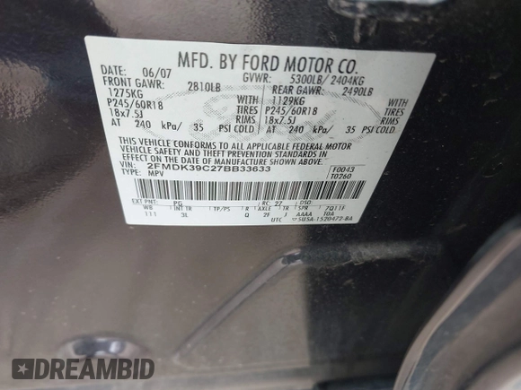 2007 Ford Edge SEL PLUS with VIN 2FMDK39C27BB33633, listed as a IAAI auction lot 42006113 with 218,462 mi miles. Bid and sale history available at carsss.com. Image 9.