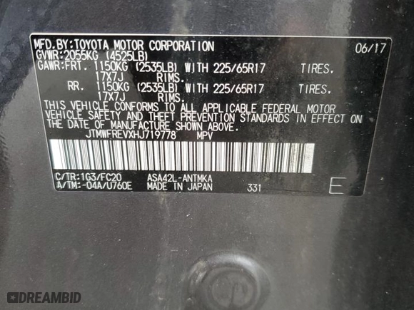 2017 Toyota RAV4 XLE with VIN JTMWFREVXHJ719778, listed as a Copart auction lot 46596935 with 174,582 mi miles and Salvage Title. Bid and sale history available at carsss.com. Image 13.