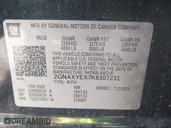 2019 Chevrolet Equinox Premier with VIN 2GNAXYEX7K6107231, listed as a IAAI auction lot 41967172 with 89,200 mi miles and . Bid and sale history available at DreamBid. Image 9.