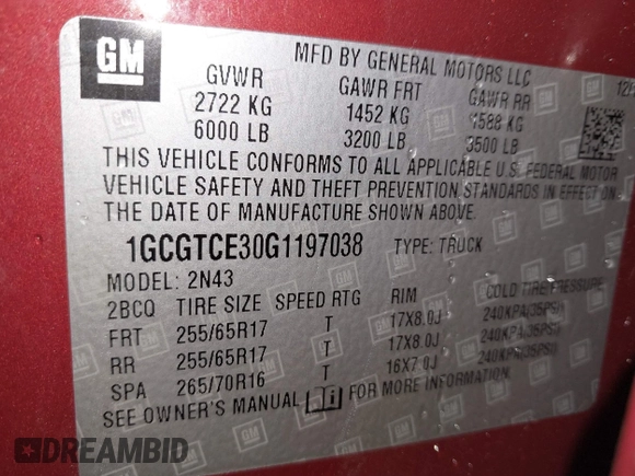 2016 Chevrolet Colorado 4WD LT with VIN 1GCGTCE30G1197038, listed as a IAAI auction lot 41260078 with 101,840 mi miles and . Bid and sale history available at DreamBid. Image 9.