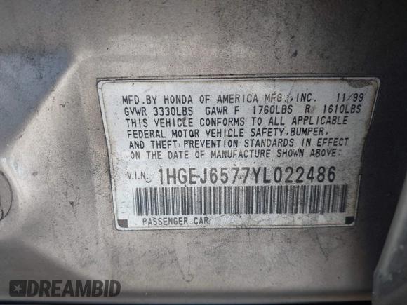 2000 Honda Civic LX with VIN 1HGEJ6577YL022486, listed as a IAAI auction lot 41786438 with 173,488 mi miles and . Bid and sale history available at DreamBid. Image 9.