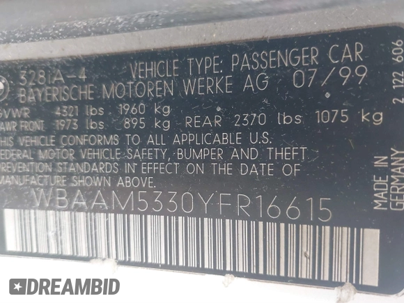 2000 BMW 3 Series 328i with VIN WBAAM5330YFR16615, listed as a IAAI auction lot 41496845 with Not Provided miles. Bid and sale history available at carsss.com. Image 9.
