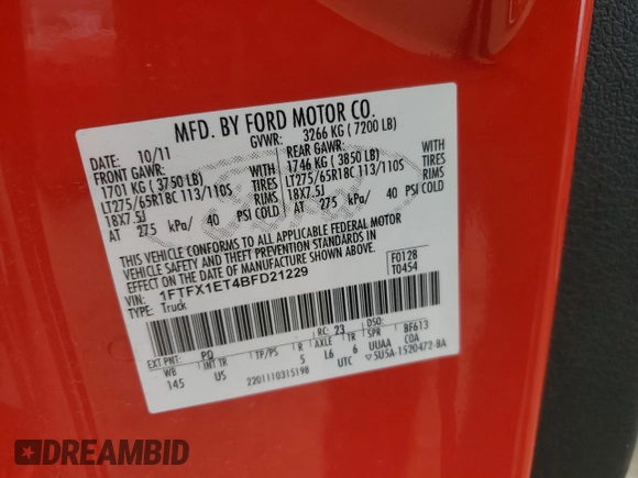 2011 Ford F-150 XL with VIN 1FTFX1ET4BFD21229, listed as a Copart auction lot 57248255 with 189,112 mi miles and Salvage title. Bid and sale history available at DreamBid. Image 12.