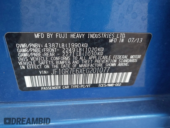 2014 Subaru WRX WRX с VIN JF1GR7E6XEG201077, выставлен на аукционе IAAI как лот 42427706 с пробегом 75 982 миль миль и . История ставок и продаж доступна на DreamBid. Изображение 9.