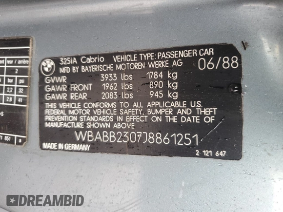 1988 BMW 3 Series z VIN WBABB2307J8861251, wystawiony jako Copart lot #72175254 z przebiegiem 168 465 mil mil oraz Szkoda całkowita • Salvage title. Historia ofert i sprzedaży dostępna na DreamBid. Obrazek 12.