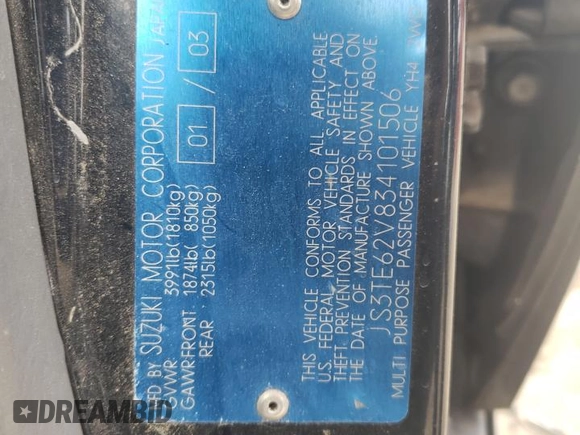 2003 Suzuki Grand Vitara z VIN JS3TE62V834101506, wystawiony jako Copart lot #47094765 z przebiegiem 240 778 mil mil oraz Szkoda całkowita • Salvage title. Historia ofert i sprzedaży dostępna na DreamBid. Obrazek 14.