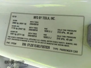 2020 Tesla Model 3 Standard Range Plus with VIN 5YJ3E1EA0LF597839, listed as a IAAI auction lot 41639219 with 49,220 mi miles. Bid and sale history available at carsss.com. Image 9.