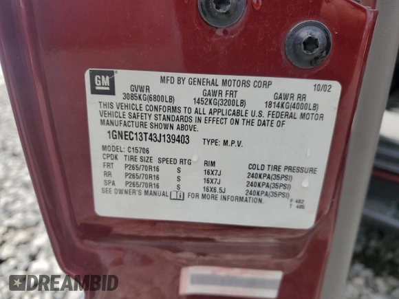 2003 Chevrolet Tahoe LS z VIN 1GNEC13T43J139403, wystawiony jako Copart lot #56891365 z przebiegiem Nie podano mil oraz Szkoda całkowita • Salvage title. Historia ofert i sprzedaży dostępna na DreamBid. Obrazek 12.