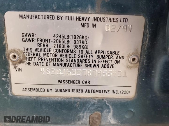 1994 Subaru Legacy L with VIN 4S3BJ6337R7955431, listed as a Copart auction lot 70200794 with 281,694 mi miles and Salvage Title. Bid and sale history available at DreamBid. Image 12.