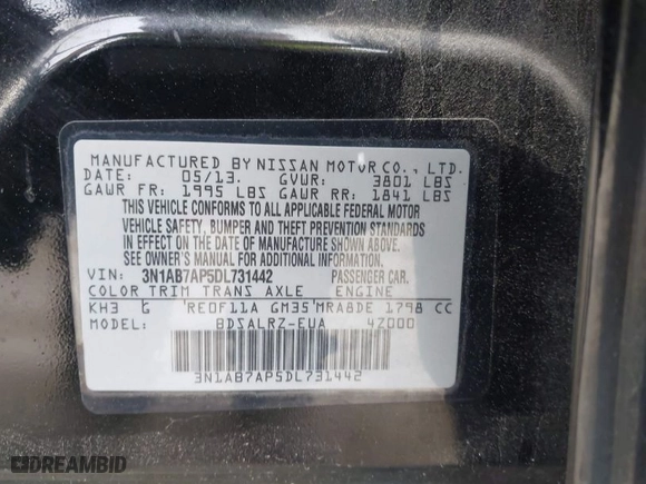 2013 Nissan Sentra SV with VIN 3N1AB7AP5DL731442, listed as a IAAI auction lot 41919398 with 1 mi miles. Bid and sale history available at carsss.com. Image 9.