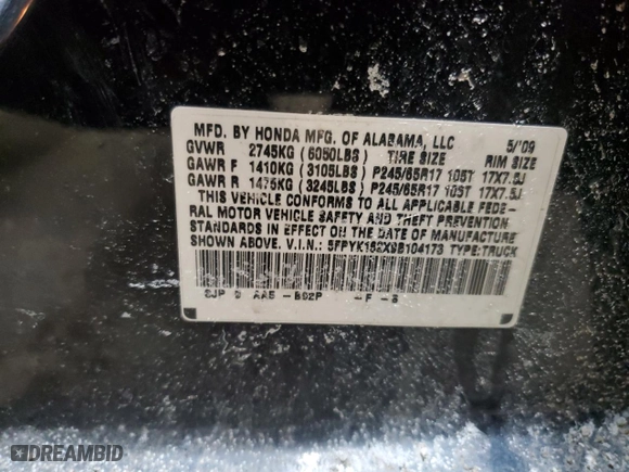 2009 Honda Ridgeline RT with VIN 5FPYK162X9B104173, listed as a Copart auction lot 43140925 with 164,071 mi miles and Salvage Title. Bid and sale history available at carsss.com. Image 12.