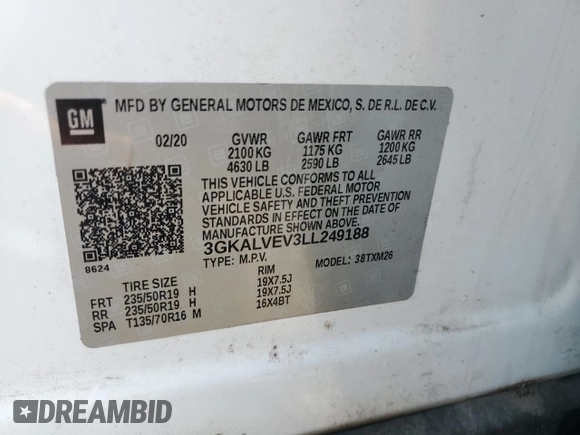 2020 GMC Terrain SLT с VIN 3GKALVEV3LL249188, выставлен на аукционе Copart как лот 54359825 с пробегом 56 620 миль миль и Списание • Salvage title. История ставок и продаж доступна на DreamBid. Изображение 14.