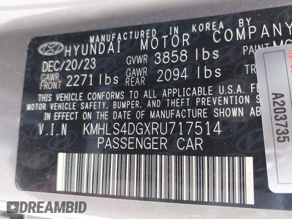 2024 Hyundai Elantra SEL with VIN KMHLS4DGXRU717514, listed as a IAAI auction lot 42189253 with 23,940 mi miles and . Bid and sale history available at DreamBid. Image 9.