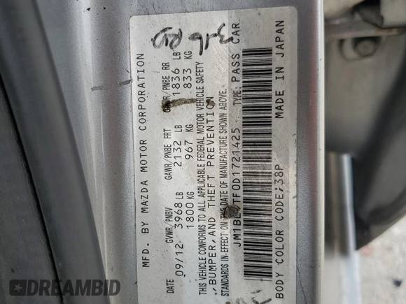 2013 Mazda 3 i SV with VIN JM1BL1TF0D1721425, listed as a Copart auction lot 57344615 with Not provided miles and Clean title. Bid and sale history available at DreamBid. Image 12.
