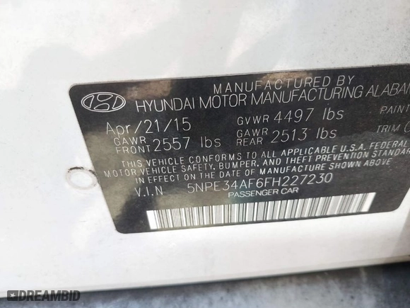 2015 Hyundai Sonata 2.4L Sport with VIN 5NPE34AF6FH227230, listed as a IAAI auction lot 41843379 with 186,332 mi miles. Bid and sale history available at carsss.com. Image 9.
