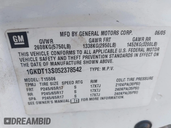 2005 GMC Envoy SLE with VIN 1GKDT13S052378542, listed as a IAAI auction lot 41897213 with 178,355 mi miles. Bid and sale history available at carsss.com. Image 9.