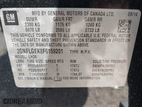 2015 Chevrolet Equinox LT with VIN 2GNFLGEK8F6159201, listed as a IAAI auction lot 41900662 with 138,507 mi miles. Bid and sale history available at carsss.com. Image 9.