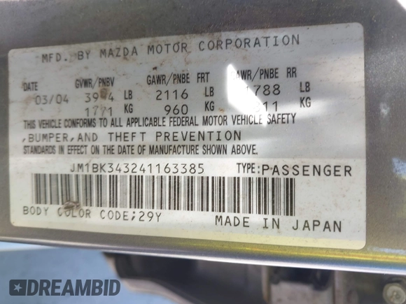 2004 Mazda 3 s with VIN JM1BK343241163385, listed as a IAAI auction lot 42165010 with 149,094 mi miles and . Bid and sale history available at DreamBid. Image 9.