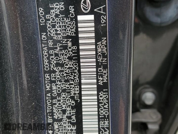 2010 Lexus HS 250h with VIN JTHBB1BA6A2011118, listed as a Copart auction lot 49849025 with 159,276 mi miles and Salvage Title. Bid and sale history available at DreamBid. Image 12.