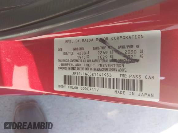 2014 Mazda 6 i Grand Touring with VIN JM1GJ1W65E1141953, listed as a IAAI auction lot 42027145 with 187,514 mi miles and . Bid and sale history available at DreamBid. Image 9.