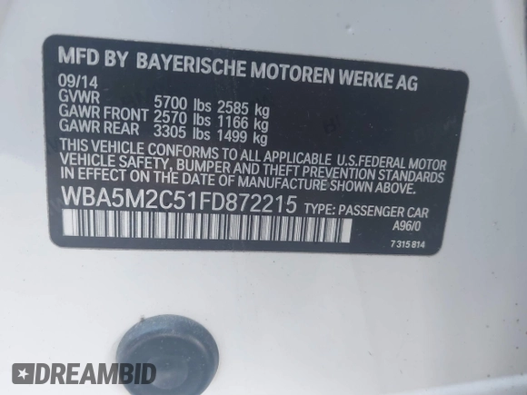 2015 BMW 5 Series 535i Gran Turismo with VIN WBA5M2C51FD872215, listed as a IAAI auction lot 41787558 with 96,768 mi miles and . Bid and sale history available at DreamBid. Image 9.