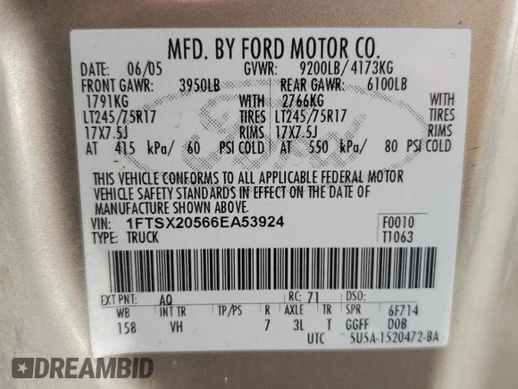 2006 Ford F-250 XL with VIN 1FTSX20566EA53924, listed as a Copart auction lot 56598195 with 237,387 mi miles and Salvage title. Bid and sale history available at DreamBid. Image 12.