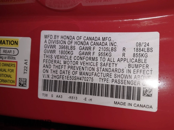 2025 Honda Civic Si with VIN 2HGFE1E50SH470275, listed as a IAAI auction lot 41231631 with 8,882 mi miles and . Bid and sale history available at DreamBid. Image 9.