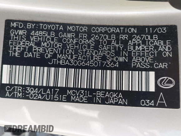 2004 Lexus ES 350 with VIN JTHBA30G645017364, listed as a IAAI auction lot 42171487 with 167,152 mi miles and . Bid and sale history available at DreamBid. Image 9.