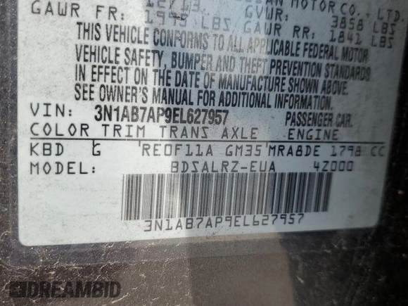 2014 Nissan Sentra S with VIN 3N1AB7AP9EL627957, listed as a Copart auction lot 54308315 with 160,152 mi miles and Salvage Title. Bid and sale history available at DreamBid. Image 12.