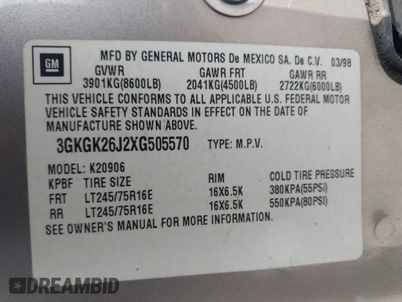 1999 GMC Suburban z VIN 3GKGK26J2XG505570, wystawiony jako IAAI lot #42358504 z przebiegiem 115 253 mil mil oraz . Historia ofert i sprzedaży dostępna na DreamBid. Obrazek 9.