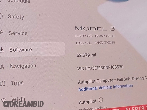 2022 Tesla Model 3 Long Range with VIN 5YJ3E1EB0NF106570, listed as a IAAI auction lot 41832622 with 52,679 mi miles and . Bid and sale history available at DreamBid. Image 15.