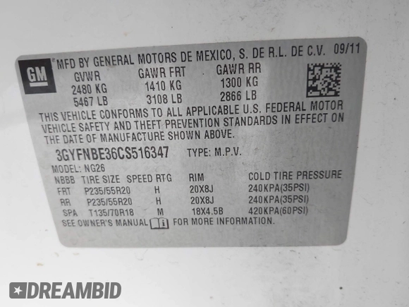 2012 Cadillac SRX Performance Collection with VIN 3GYFNBE36CS516347, listed as a IAAI auction lot 42530980 with 134,401 mi miles and . Bid and sale history available at DreamBid. Image 9.