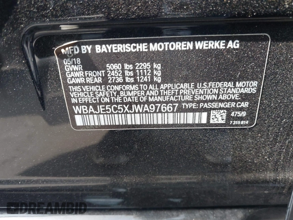 2018 BMW 5 Series 540i z VIN WBAJE5C5XJWA97667, wystawiony jako IAAI lot #41481362 z przebiegiem Nie podano mil oraz . Historia ofert i sprzedaży dostępna na DreamBid. Obrazek 9.