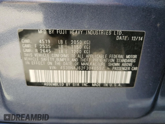 2015 Subaru Legacy Limited with VIN 4S3BNAJ62F3040557, listed as a Copart auction lot 56099095 with 93,215 mi miles and Salvage title. Bid and sale history available at DreamBid. Image 13.