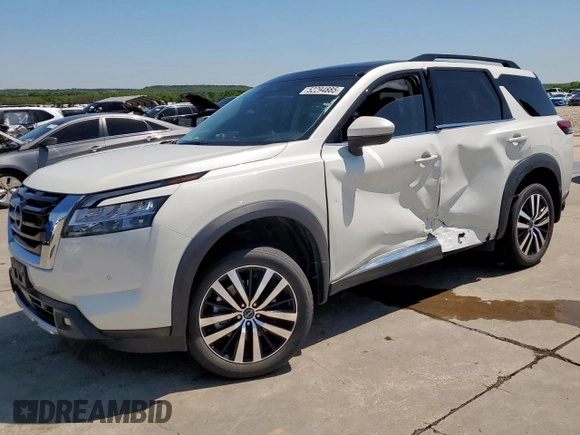 2023 Nissan Pathfinder Platinum with VIN 5N1DR3DK6PC219232, listed as a Copart auction lot 52294885 with 24,498 mi miles and Salvage title. Bid and sale history available at DreamBid. Image 1.
