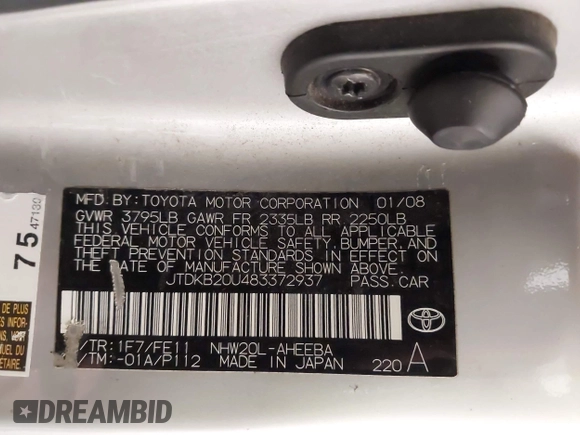 2008 Toyota Prius with VIN JTDKB20U483372937, listed as a IAAI auction lot 41934773 with 137,281 mi miles and . Bid and sale history available at DreamBid. Image 9.