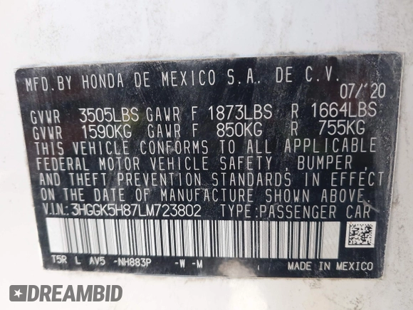 2020 Honda Fit EX with VIN 3HGGK5H87LM723802, listed as a IAAI auction lot 42043051 with 82,919 mi miles and . Bid and sale history available at DreamBid. Image 9.
