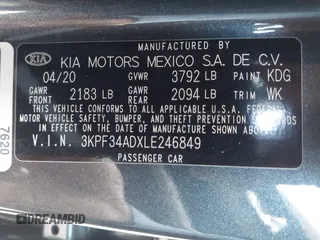 2020 Kia Forte GT-Line with VIN 3KPF34ADXLE246849, listed as a IAAI auction lot 42065956 with 37,507 mi miles. Bid and sale history available at carsss.com. Image 9.
