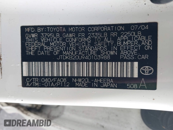 2004 Toyota Prius with VIN JTDKB20U940103988, listed as a IAAI auction lot 41946916 with 238,248 mi miles. Bid and sale history available at carsss.com. Image 9.