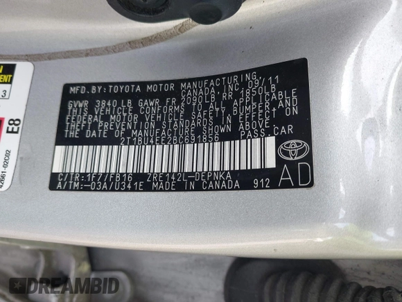 2011 Toyota Corolla L with VIN 2T1BU4EE2BC691856, listed as a IAAI auction lot 41997892 with 68,141 mi miles. Bid and sale history available at carsss.com. Image 9.