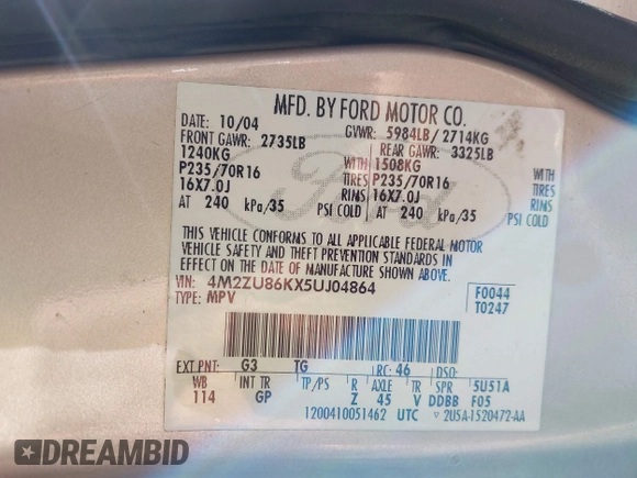 2005 Mercury Mountaineer Convenience с VIN 4M2ZU86KX5UJ04864, выставлен на аукционе IAAI как лот 41677339 с пробегом 218 603 миль миль и . История ставок и продаж доступна на DreamBid. Изображение 9.