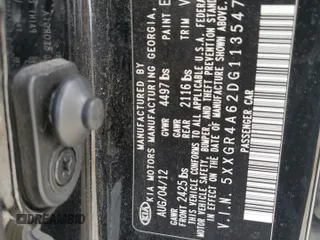 2013 Kia Optima SX с VIN 5XXGR4A62DG113547, выставлен на аукционе Copart как лот 58620955 с пробегом Не указан миль и Списание • Salvage title. История ставок и продаж доступна на DreamBid. Изображение 12.