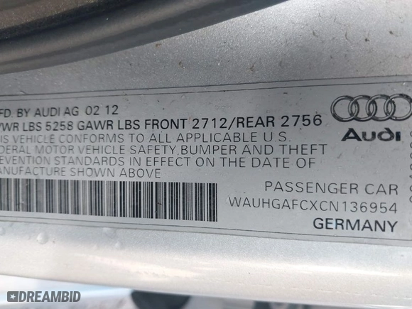 2012 Audi A6 3.0T Prestige with VIN WAUHGAFCXCN136954, listed as a IAAI auction lot 41204962 with 144,261 mi miles. Bid and sale history available at carsss.com. Image 9.