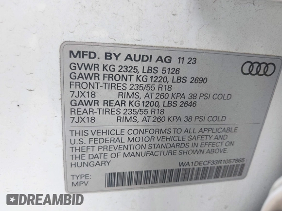 2024 Audi Q3 S line Premium with VIN WA1DECF33R1057865, listed as a IAAI auction lot 42087229 with 28,629 mi miles. Bid and sale history available at carsss.com. Image 9.