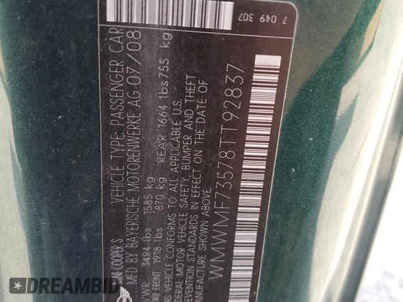 2008 MINI Hardtop S with VIN WMWMF73578TT92837, listed as a Copart auction lot 54812715 with Not provided miles and Salvage title. Bid and sale history available at DreamBid. Image 13.