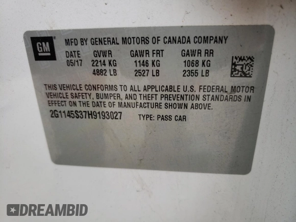 2017 Chevrolet Impala Premier with VIN 2G1145S37H9193027, listed as a Copart auction lot 45701755 with 110,566 mi miles and Salvage Title. Bid and sale history available at DreamBid. Image 12.